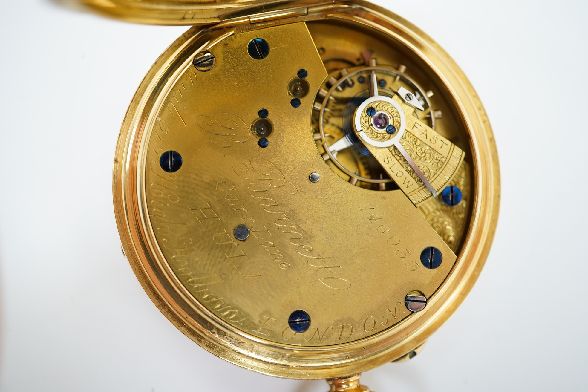 A late Victorian 18ct gold open face keyless pocket watch by Barnett of Hull